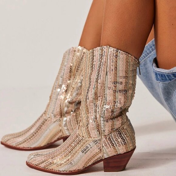 Momo New York Shoes - Momo New York Sequin Embroidered Western Boots Luna X Free People NWOB Size 39